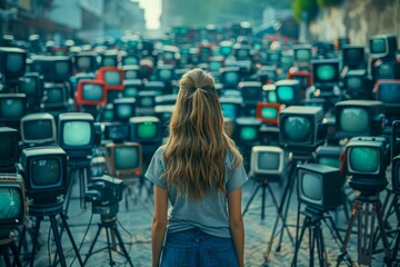 Young Woman Standing Alone among Vintage Television Sets on City Street Art Installation at Dusk