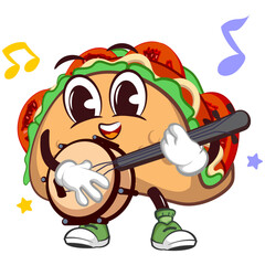 cute taco mascot character emoticonplaying banjo guitar, cute taco mascot