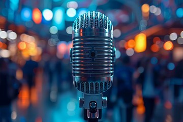 Vintage Microphone Close Up with Colorful Bokeh Lights Background on Stage in Music Venue