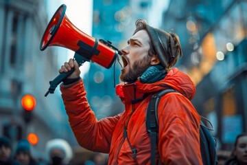 Activist Shouting Through Megaphone During Street Protest Man Expressing Freedom of Speech During Demonstration