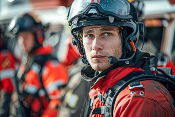 Portrait of Focused Firefighter Wearing Helmet and Protective Gear with Team in Background