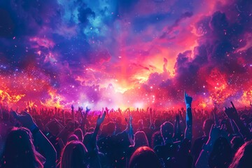 Vibrant Concert Crowd Enjoying Live Music Event Under Cosmic Sky with Stars and Nebula - obrazy, fototapety, plakaty