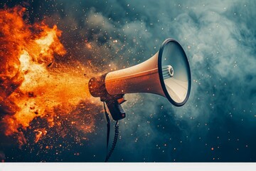 Dramatic Image of a Megaphone against Fiery Explosion Backdrop Symbol of Proclamation and Alarm