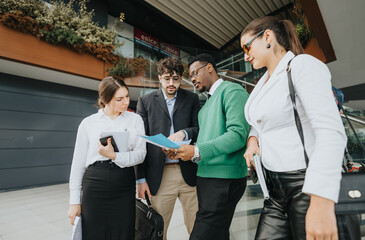 Dynamic startup colleagues discussing business strategy in an informal outdoor setting, showcasing teamwork and collaboration.