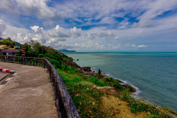  the background of the natural attractions of Khanom Sea, Ao Talet Wooden Bridgelk, you can walk out to admire the beautiful panoramic view of the sea. The sea has a bright blue color in the summer.