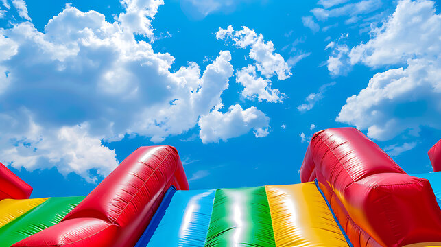 
This vibrant image features an inflatable bounce house set against a clear blue sky with fluffy white clouds