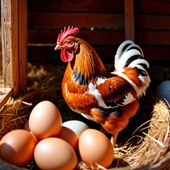 Farmyard free range hen laying huge jumbo fresh organic eggs in outdoor farm environment - obrazy, fototapety, plakaty