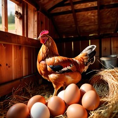 Farmyard free range hen laying huge jumbo fresh organic eggs in outdoor farm environment - obrazy, fototapety, plakaty