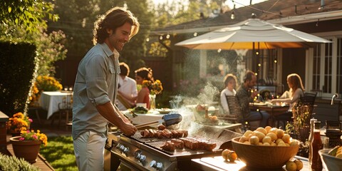 Outdoor barbecue with the family on a warm afternoon  - obrazy, fototapety, plakaty