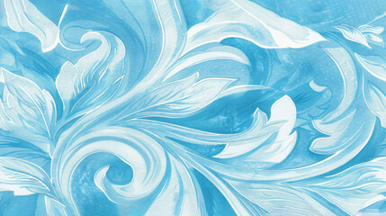  a close up of a blue and white wallpaper with a swirly design on the side of the wall.