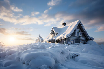 Winter house in the snow. Beautiful winter landscape with snow covered trees
