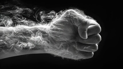 push hand on black background and white smoke energy