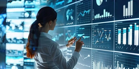 Office worker checking statistics and charts to track key performance indicators (KPI)