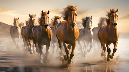 Thoroughbred muscular horses running on the water near the shore. mammal. biology and fauna - obrazy, fototapety, plakaty