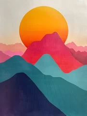 Fotobehang Vibrant painting captures the orange sky of a sunset over a mountain range © Nadtochiy
