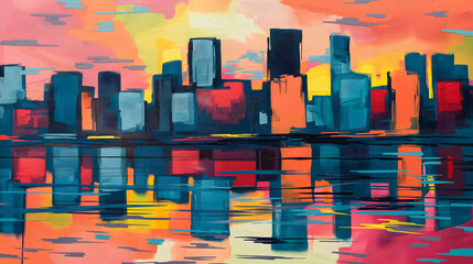Minimalistische Skyline mit Wasserreflexion, kubistisch aus dickem Acryl, bunt, Konzept farbenfrohe Skyline