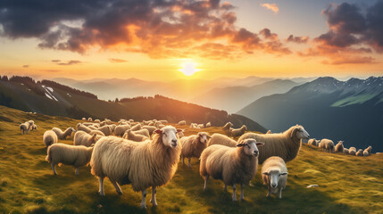 sheep and  
sunrise in the mountains - obrazy, fototapety, plakaty