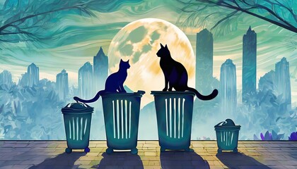 Silhouettes of cats at night in trash cans.
