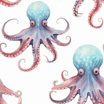 Octopus with its tentacles spread, watercolor illustration seamless pattern
