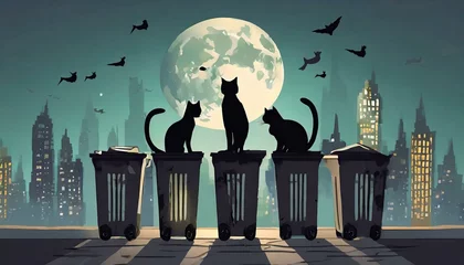 Papier Peint photo Lavable Pleine lune Silhouettes of cats at night in trash cans. 