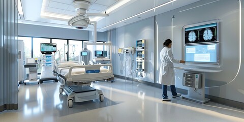 Interior of a modern healthcare facility with automated medical equipment
