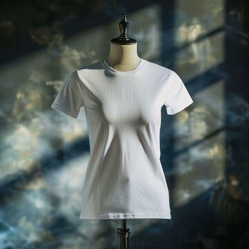 A studio shot of the white T-shirt template being worn by an invisible mannequin, highlighting its fit and shape for design visualization. Generative AI