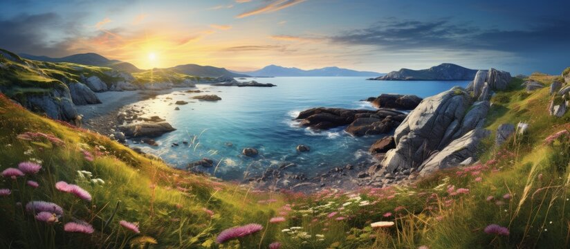 A beautiful sunset over a cliff, with stunning views of the water below. The sky filled with colorful clouds, creating a peaceful natural landscape