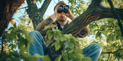 Man in tree with binoculars - treetop pervert - peeping tom - obrazy, fototapety, plakaty
