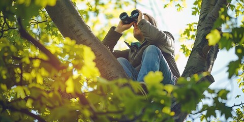 Man in tree with binoculars - treetop pervert - peeping tom - obrazy, fototapety, plakaty