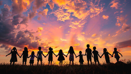Back view of silhouette of children holding hands looking at amazing sunset sky. Children's Day concept