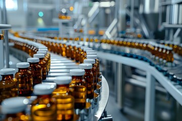 Efficient pharmaceutical vial production line ensuring safety and quality in a factory. Concept Pharmaceutical Manufacturing, Vial Production Line, Factory Safety, Quality Assurance