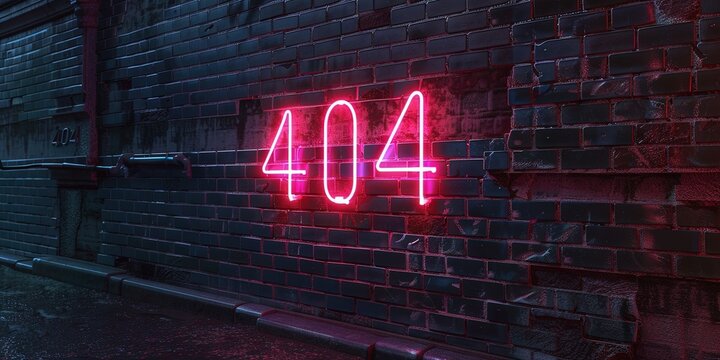Neon sign on brick wall "404" text