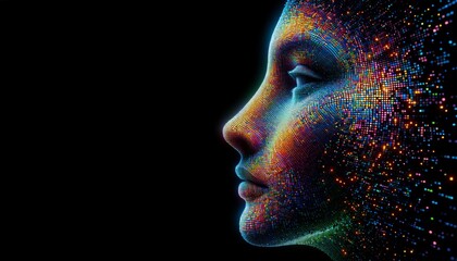 Profile View of a Woman's Face Made with Dotted Particle Style, Symbolizing Technology, AI, and Modern Digital Art Concepts