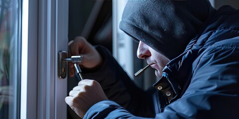 A criminal picks a lock to break into a house