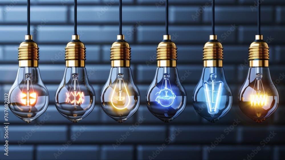 Poster a row of light bulbs with different types of light bulbs in the shape of a lightbulb on a blue brick