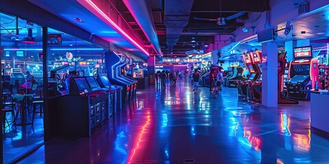 eSports concept with large arena filled with gaming computers  - obrazy, fototapety, plakaty