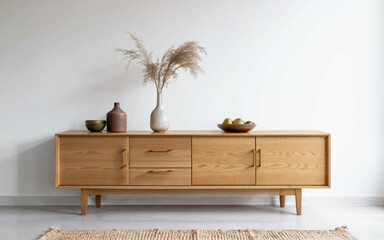 Modern Tranquility: Minimalist Interior with Wooden Sideboard and Glass Vase, flower