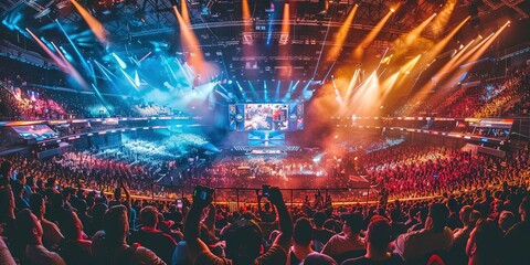 eSports concept with large arena filled with gaming computers 