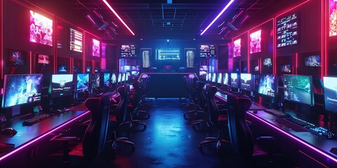 eSports concept with large arena filled with gaming computers 