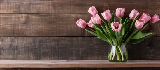 Bouquet of fresh pink tulip flowers displayed on a shelf against a wooden wall, creating a photo with space for text.