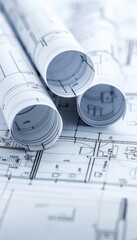 Architect holding architectural blueprint and technical project drawing in hands