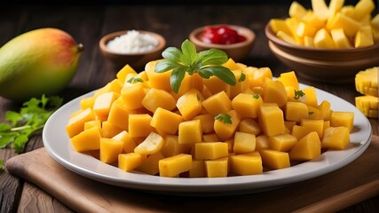 Diced Mango, French fries, meal plate, meal dish