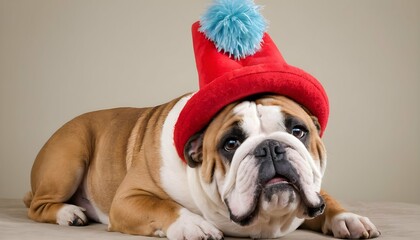 A Goofy Bulldog Wearing A Silly Hat - obrazy, fototapety, plakaty