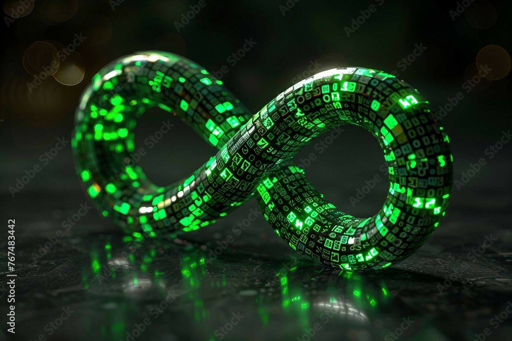 Poster green infinity symbol made of glowing binary code particles, on black background.