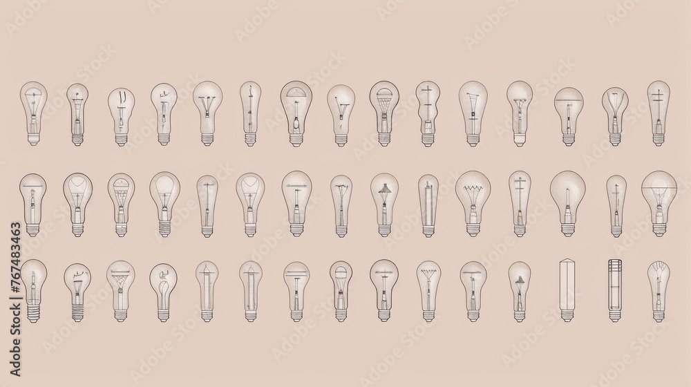 Poster a bunch of light bulbs are arranged in a row on a beige background, with one light bulb in the middl