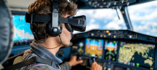 Virtual reality aviation exam  man in vr glasses simulates flight in aviation school cabin. - Powered by Adobe