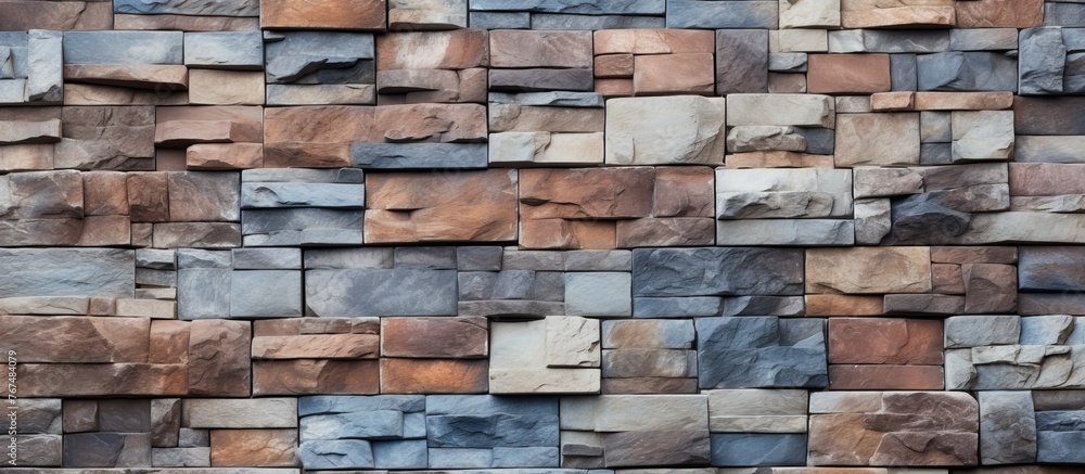 Poster a close up of a facade made of brown rectangular bricks, a composite building material creating an a