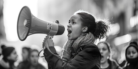 Woman with a megaphone during protest - activism and feminism social justice concept black and white photo
