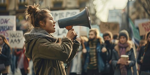 Woman with a megaphone during protest - activism and feminism social justice concept