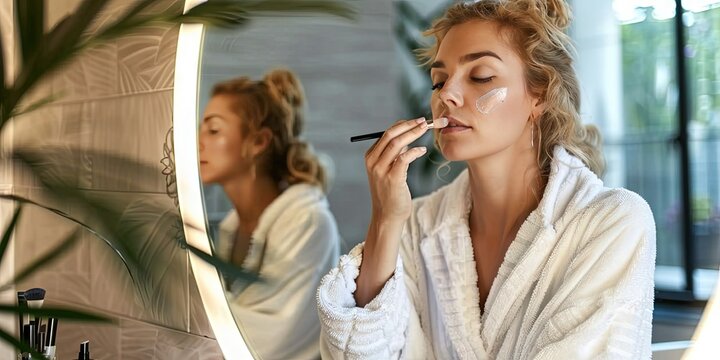 Woman applying makeup in the bathroom with a mirror